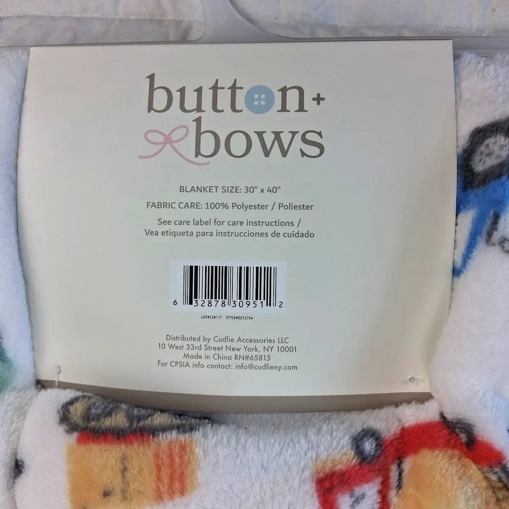 Buttons + & Bows Dump Truck White‎ Baby Blanket Soft Fleece Lovey Construction